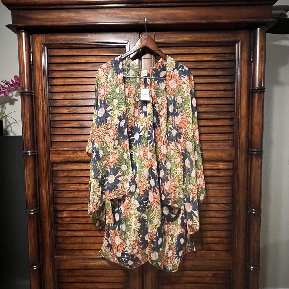 Cato Floral Kimono Wrap Gold Metallic Accent Sheer Open Front One Size NWT
